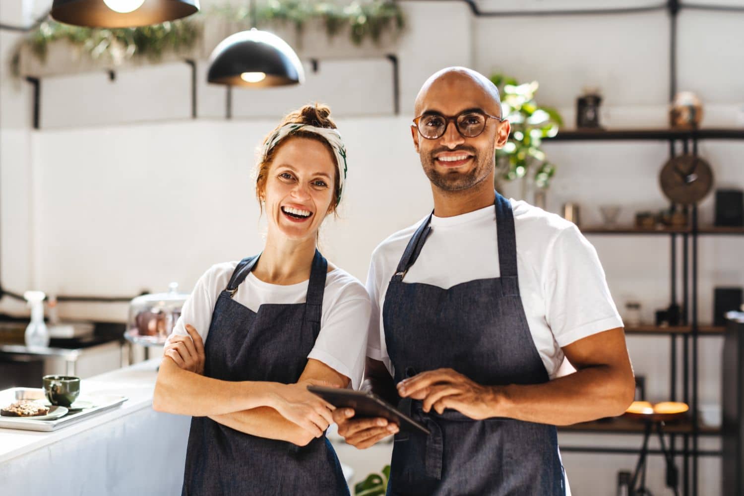 Two Restaurant Workers in Aprons, smiling and looking at the camera.