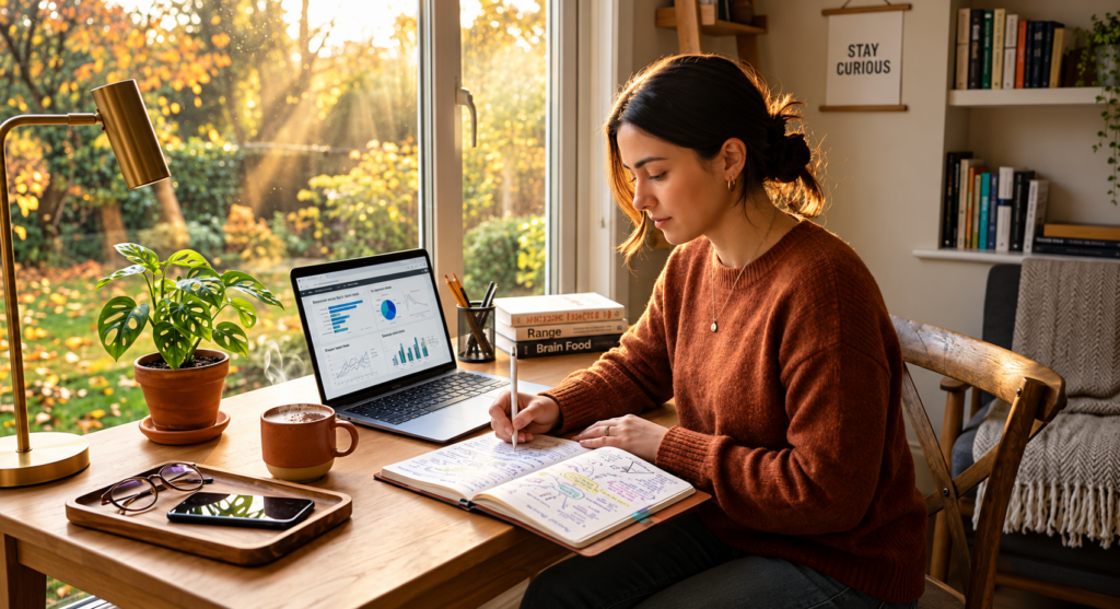Adult student studying at home with a laptop and notebook during the fall season.