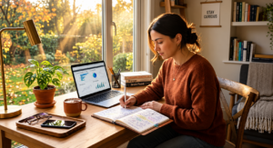 Adult student studying at home with a laptop and notebook during the fall season.